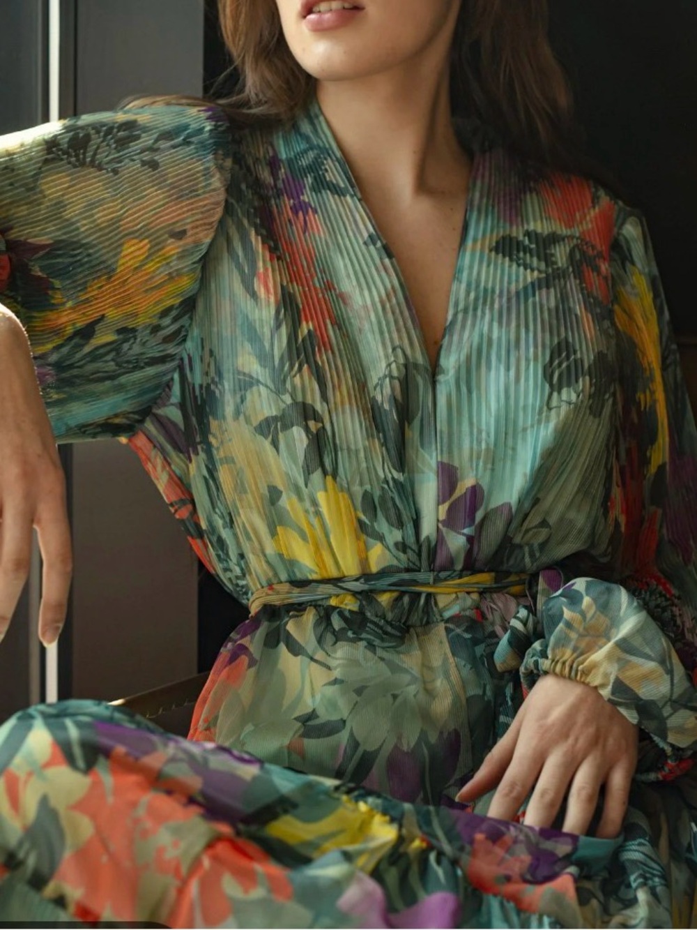 Alex Marie Multicolor Floral Pleated belted Dress